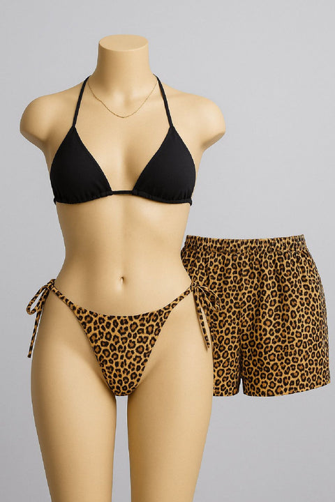Kadın 3'lü Set Siyah ve Leopar Desenli Şortlu Yandan Bağlamalı Bikini Mayo Takımı - görsel 3