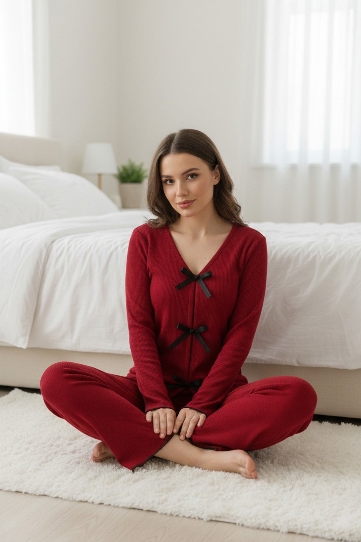 Kadın Bordo Fiyonklu İç Çamaşırı ve Uzun Kollu V Yaka Pijama Takımı 4'lü Set - görsel 3