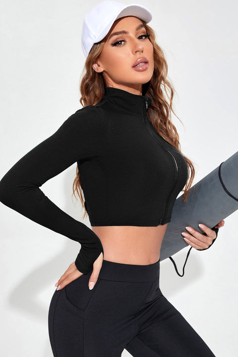 Kadın Siyah Uzun Kol Fermuarlı Parmak Geçme Detaylı Dik Yaka Crop Top Bluz - görsel 3