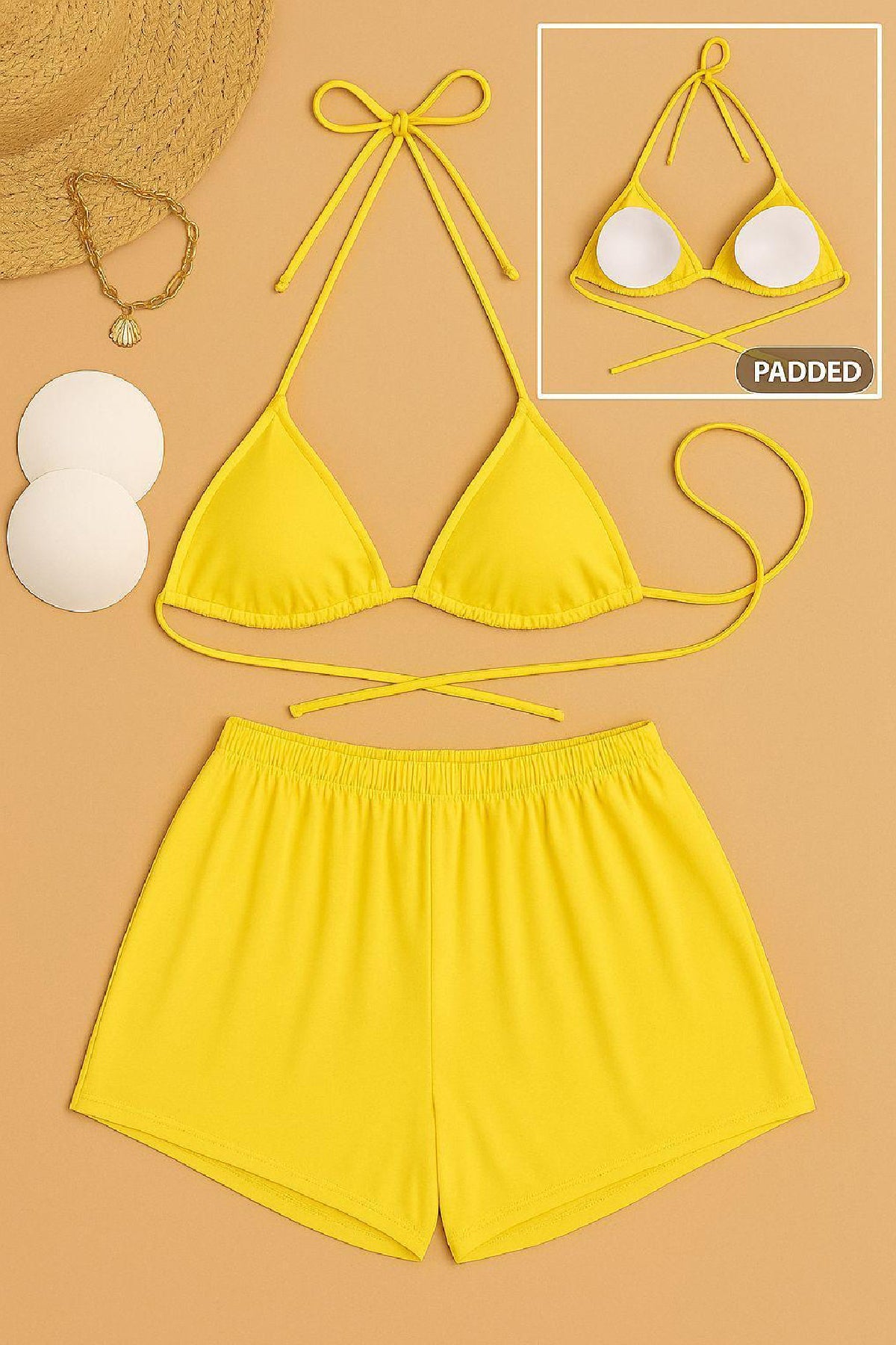 Kadın Sarı Şortlu Belden ve Boyundan Bağlamalı Bikini Takımı - görsel 3