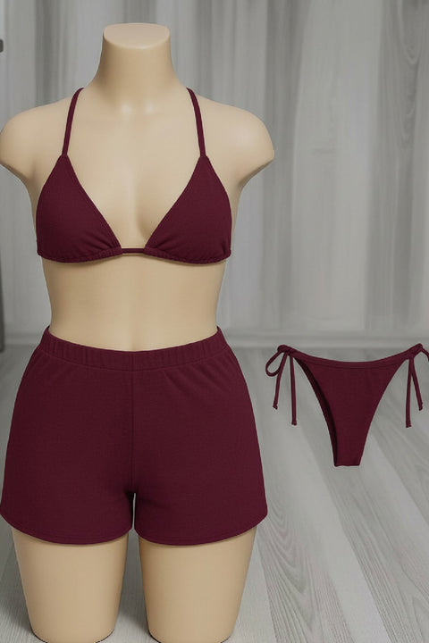 Kadın 3'lü Set Bordo Şortlu ve Yandan Bağlamalı Bikini Mayo Takımı - görsel 3
