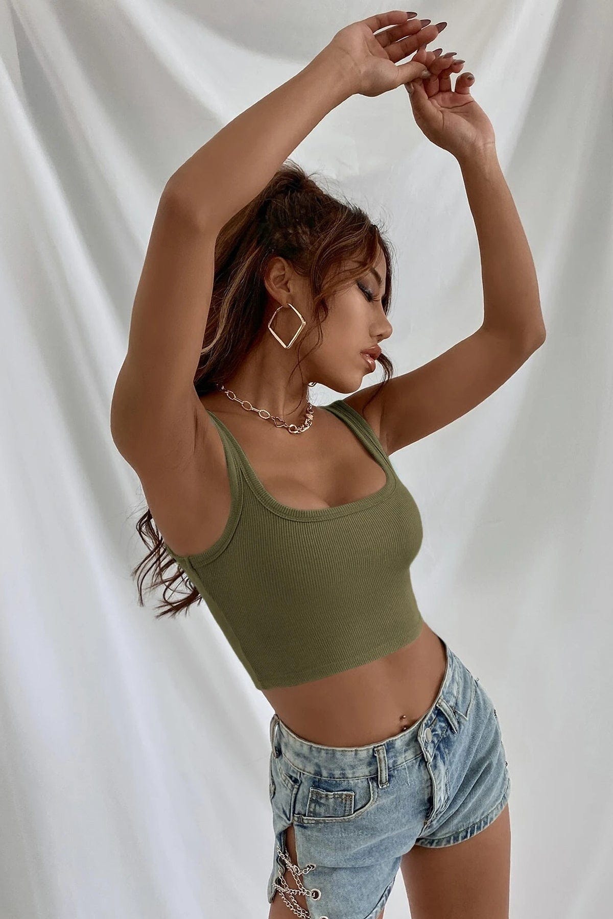 Kadın Haki Yeşili Kalın Askılı Crop Top Büstiyer - görsel 3