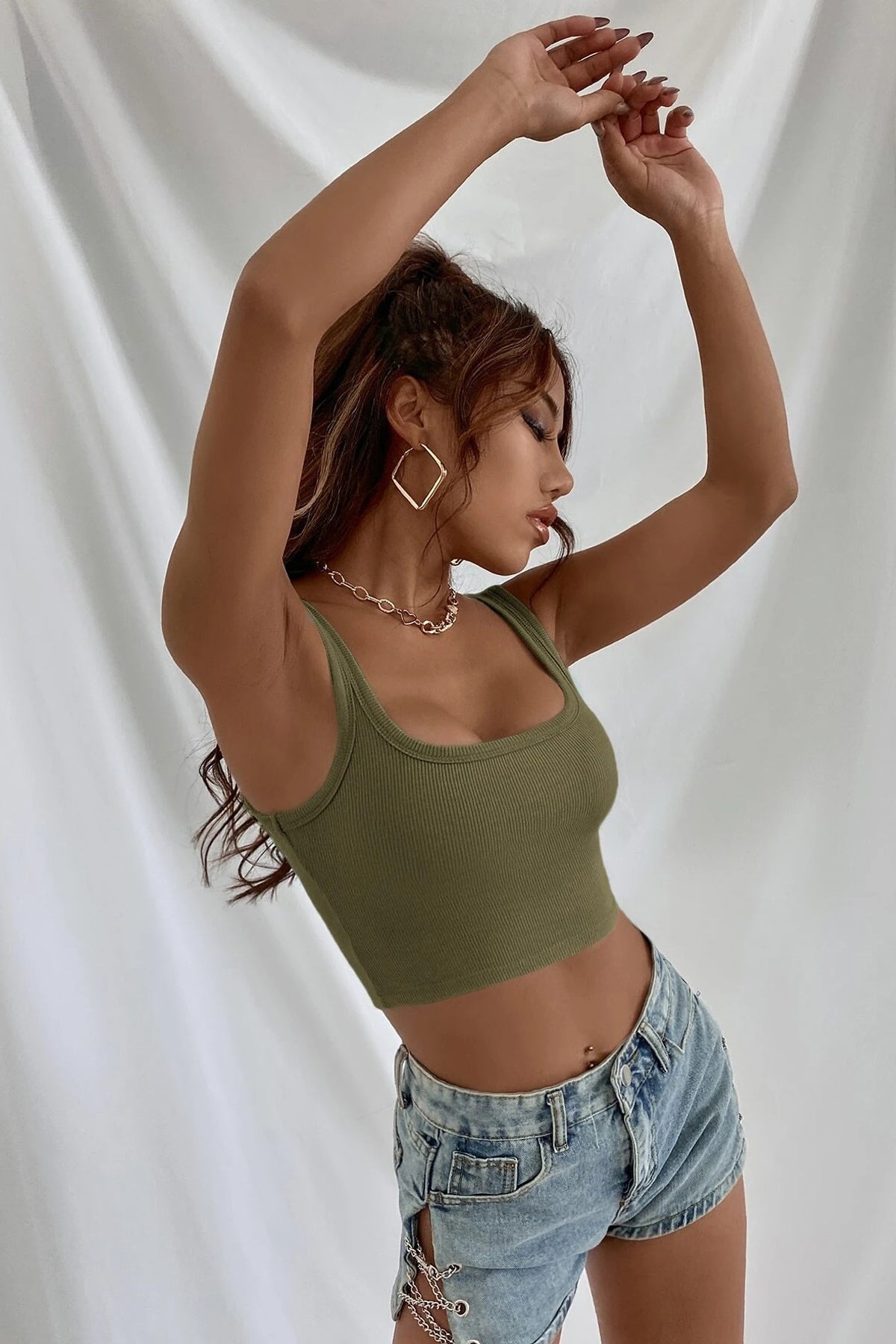Kadın Haki Yeşili Kalın Askılı Crop Top Büstiyer - görsel 3