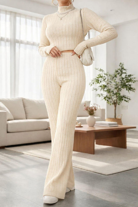 Kadın Ekru Çizgili Boğazlı Crop Top ve Yüksek Bel Eşofman Takımı Spor Şık Kombin - görsel 3
