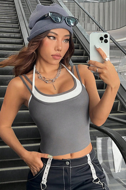 Kadın Antrasit Gri Beyaz Çift Renk Çapraz Askılı Crop Top Bluz - görsel 3
