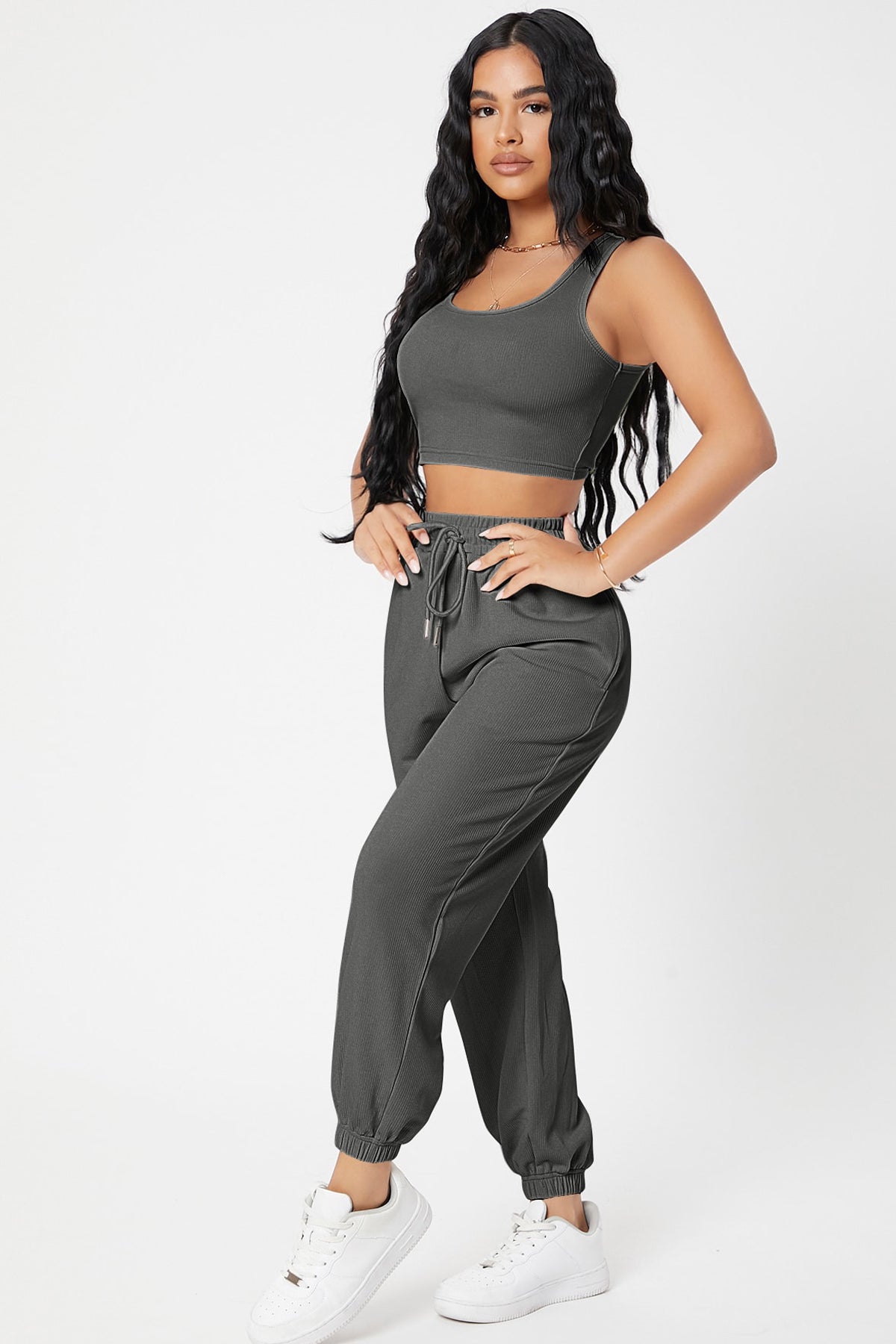 Kadın Antrasit Gri Kaşkorse Cepli Jogger Eşofman Altı ve Crop Top Bluz - görsel 3