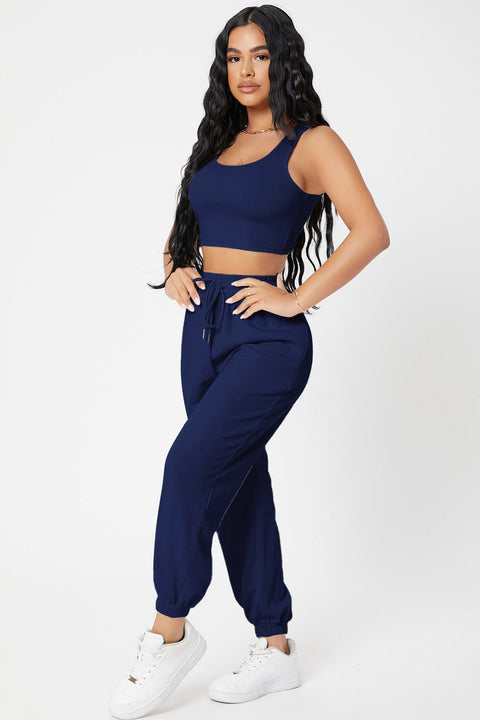 Kadın Lacivert Kaşkorse Cepli Jogger Eşofman Altı ve Crop Top Bluz - görsel 3