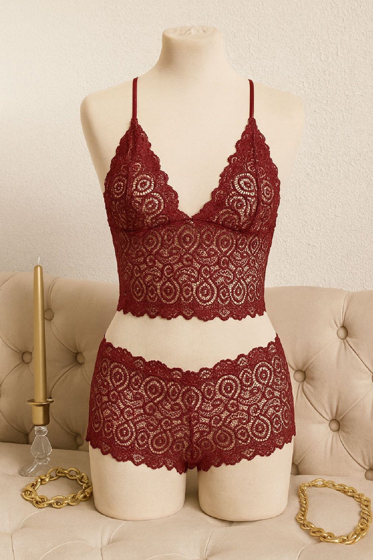 Kadın Bordo Dantel Bralet Şort Takımı – Asil ve Sofistike İç Giyim - görsel 3