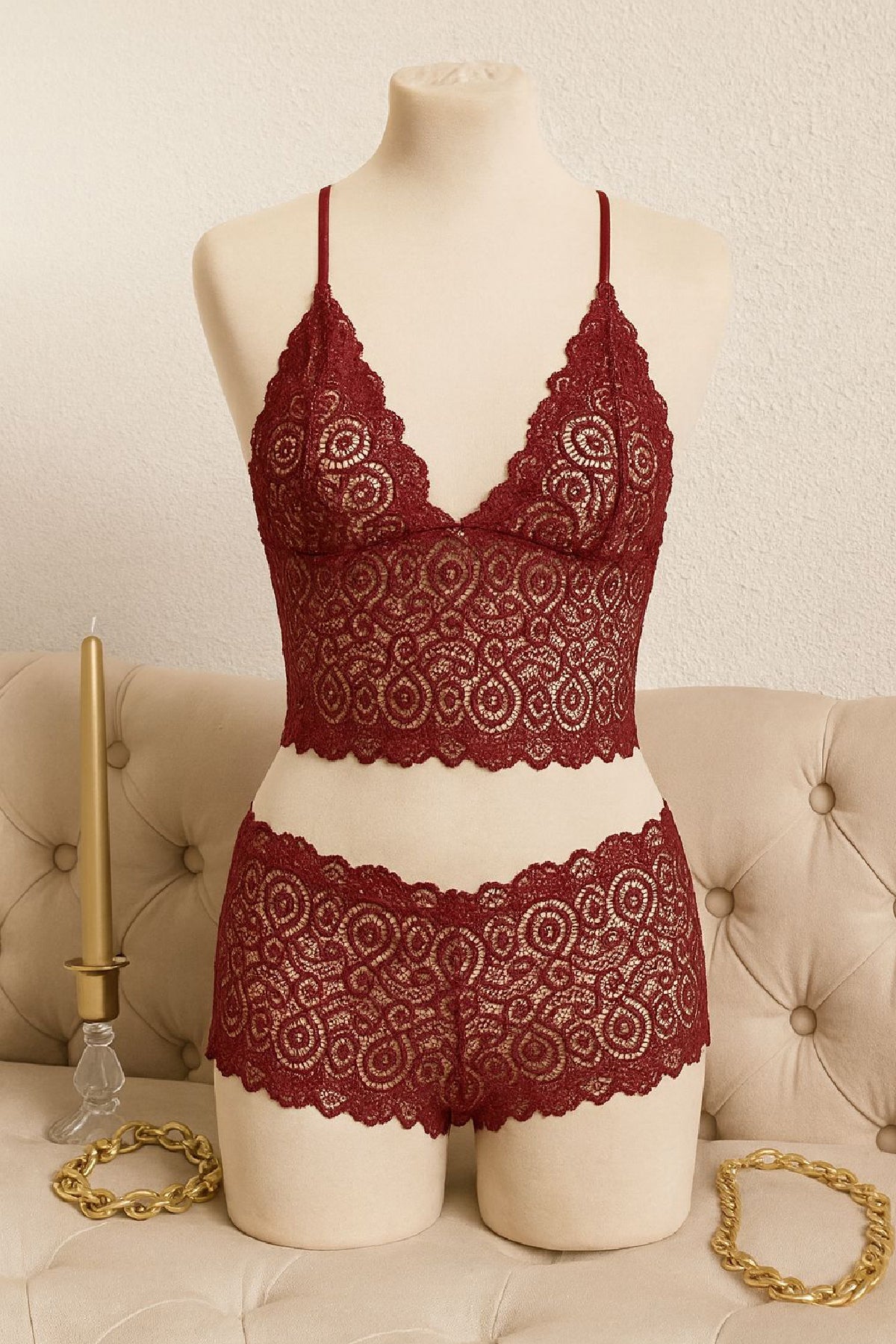 Kadın Bordo Dantel Bralet Şort Takımı – Asil ve Sofistike İç Giyim - görsel 3