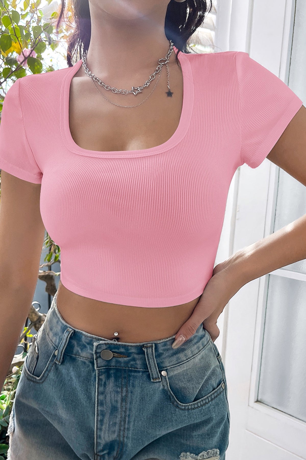 Kadın Pembe Yarım Kol Düz Yaka Crop Top Bluz - görsel 3