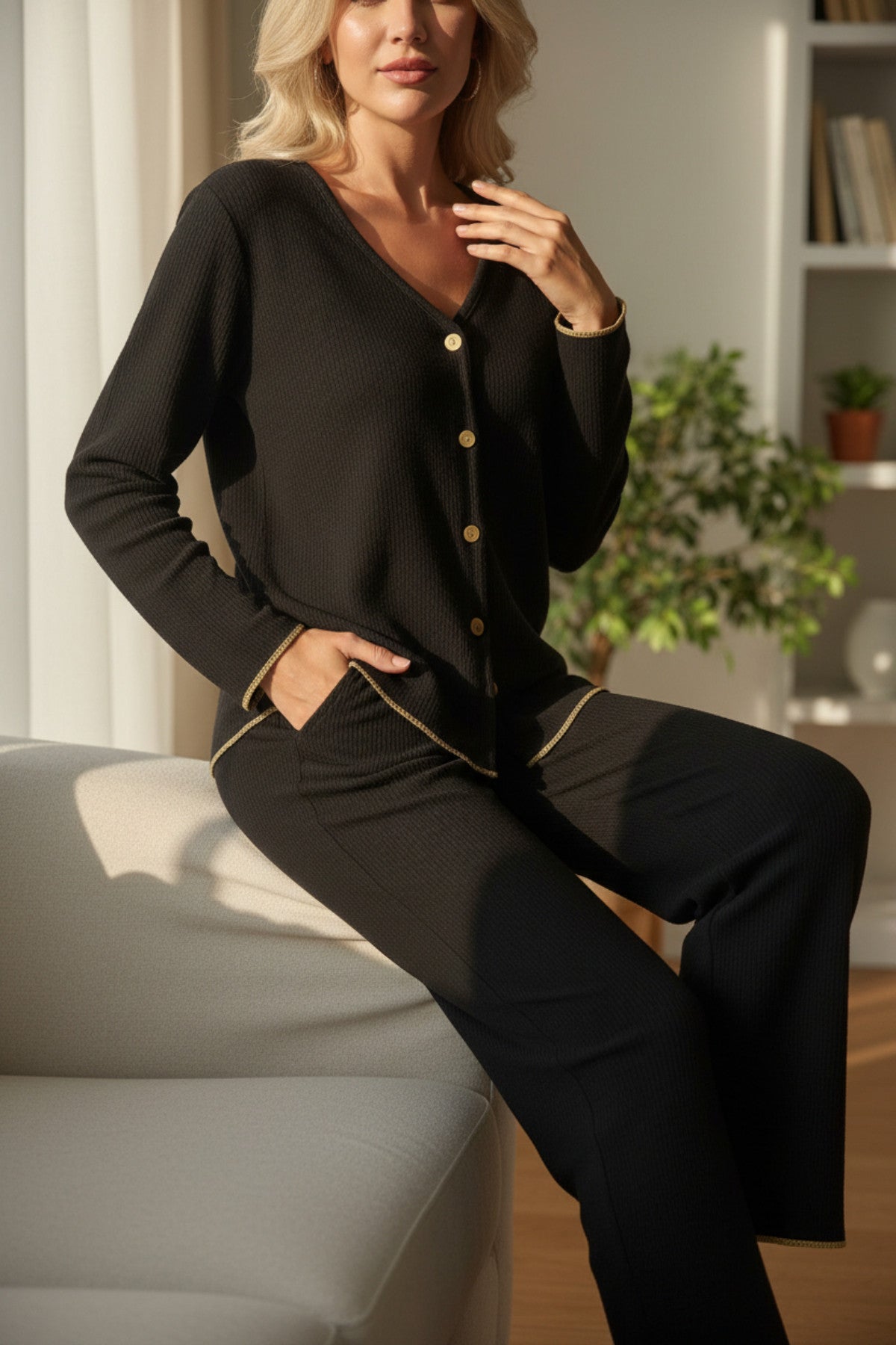 Premium Kadın Fitilli Pijama Takımı – Siyah Gold Biye Detaylı, Yumuşak Dokulu Ev Şıklığı - görsel 3