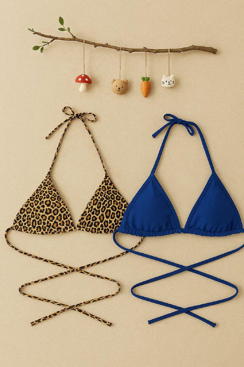 Kadın Leopar Desenli ve Mavi Minimal Kesim Üçgen Bikini Üstü - görsel 3