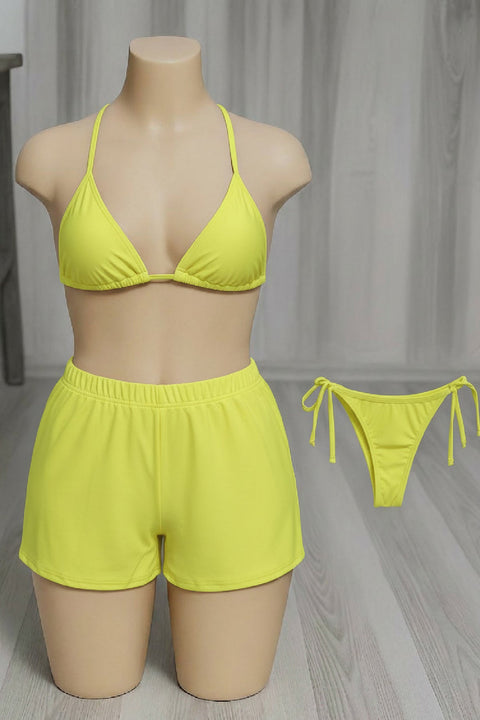 Kadın 3'lü Set Fosforlu Şortlu ve Yandan Bağlamalı Bikini Mayo Takımı - görsel 3