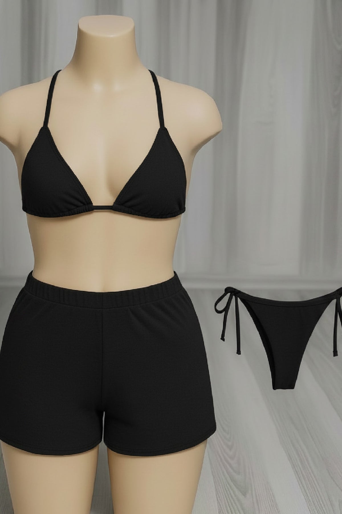Kadın 3'lü Set Siyah Şortlu ve Yandan Bağlamalı Bikini Mayo Takımı - görsel 3
