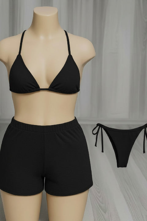 Kadın 3'lü Set Siyah Şortlu ve Yandan Bağlamalı Bikini Mayo Takımı - görsel 3