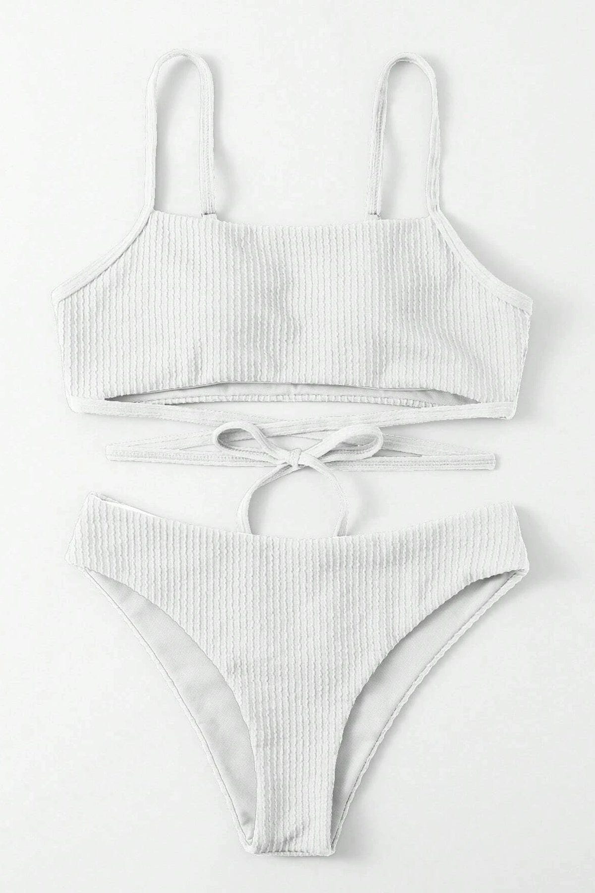 Kadın Beyaz Çapraz Bağlama Detaylı Yüksek Bel Bikini Takımı - görsel 3
