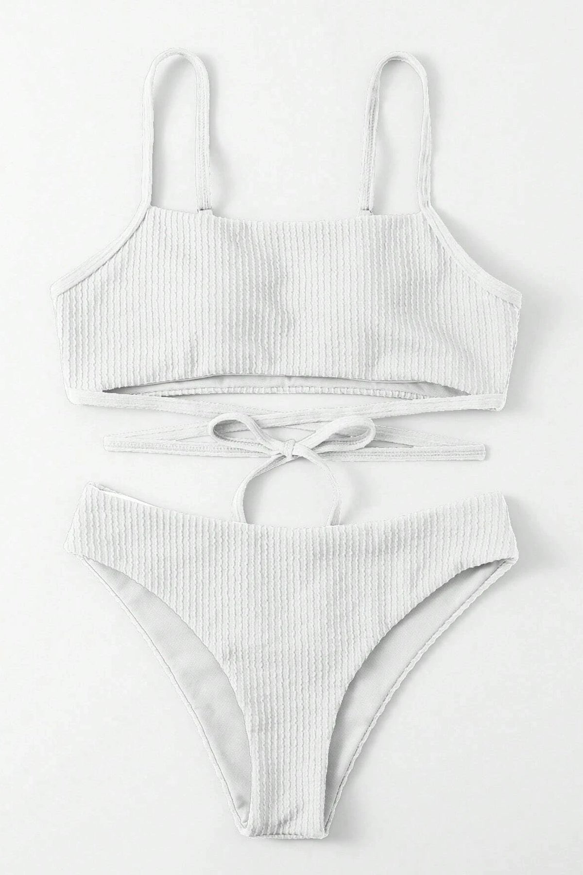 Kadın Beyaz Çapraz Bağlama Detaylı Yüksek Bel Bikini Takımı - görsel 3