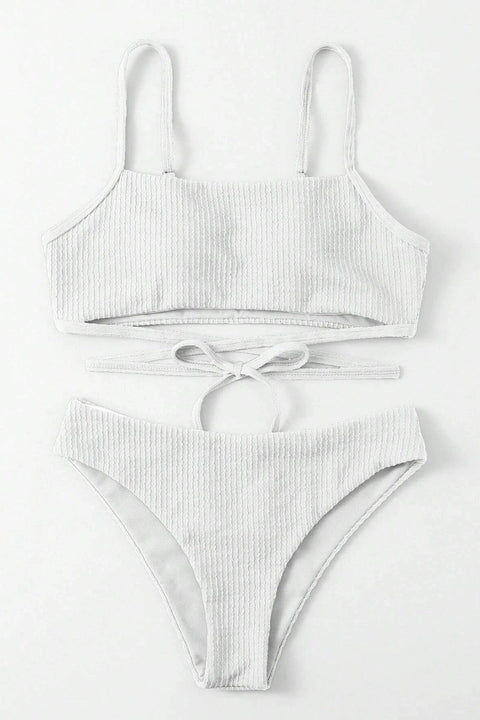 Kadın Beyaz Çapraz Bağlama Detaylı Yüksek Bel Bikini Takımı - görsel 3
