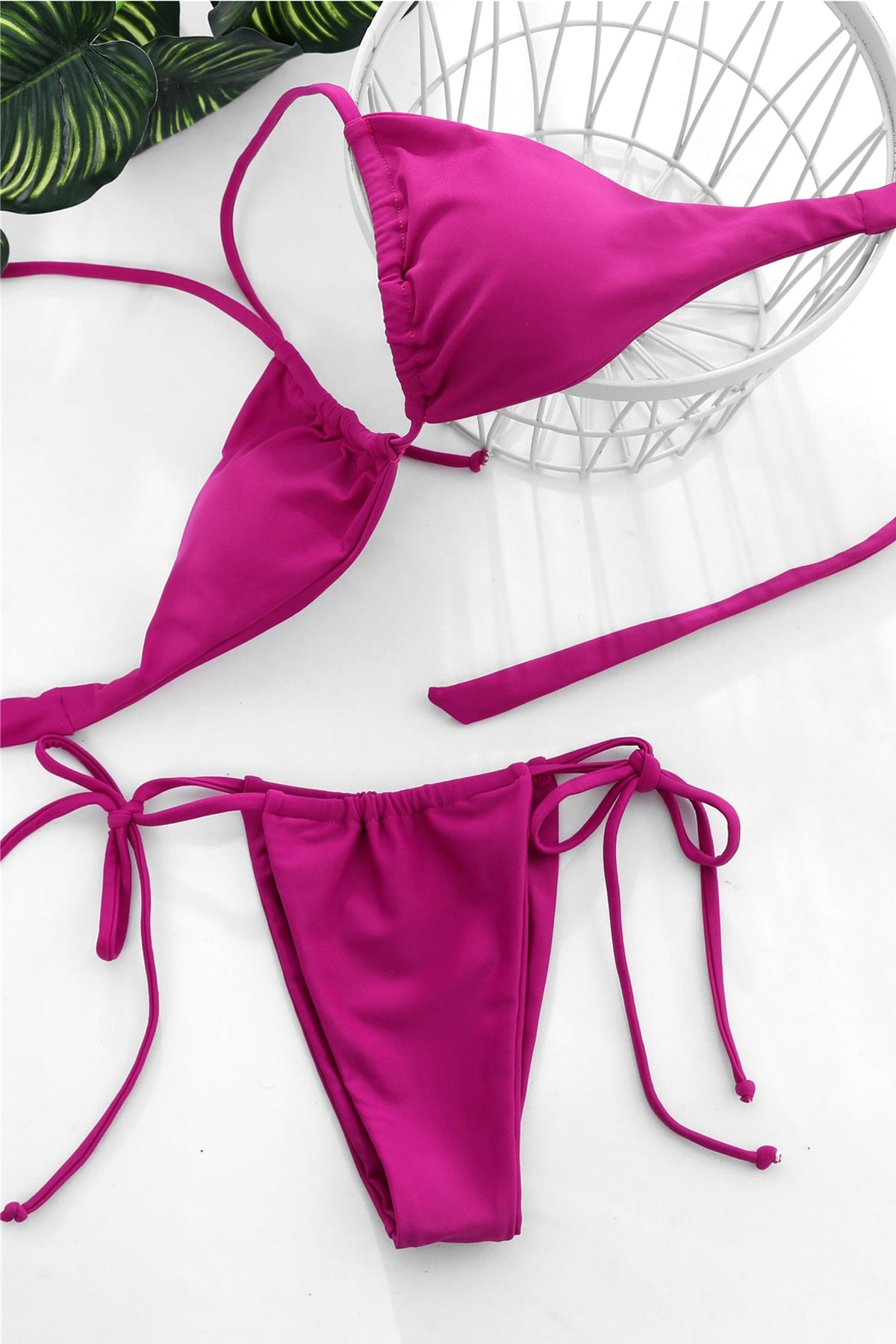 Kadın Fuşya Yandan Bağlamalı Tangalı Üçgen Bikini Mayo Takımı - görsel 3