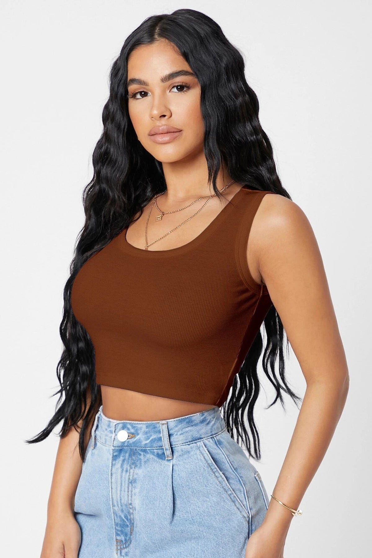 Kadın Kahverengi Kare Yaka Crop Top Bluz - görsel 5