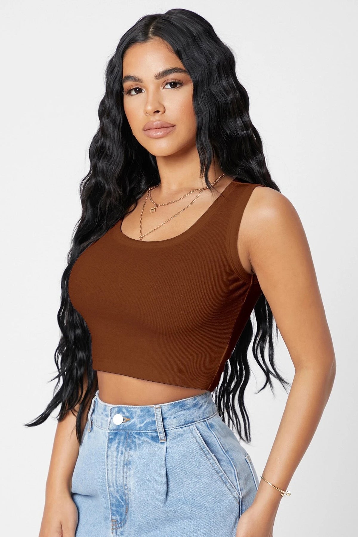 Kadın Kahverengi Kare Yaka Crop Top Bluz - görsel 5