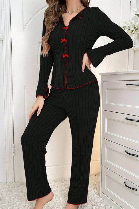 Kadın Siyah Kırmızı Biyeli ve Fiyonklu Uzun Kollu Mevsimlik Pijama Takımı - görsel 4