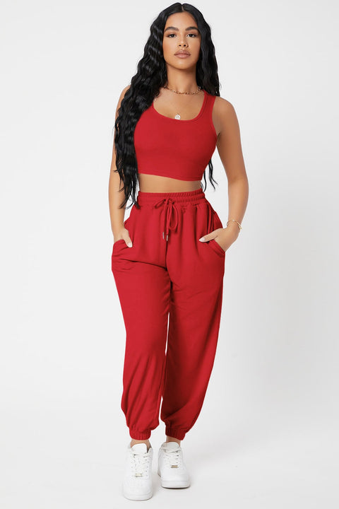 Kadın Kırmızı Kaşkorse Cepli Jogger Eşofman Altı ve Crop Top Bluz - görsel 4