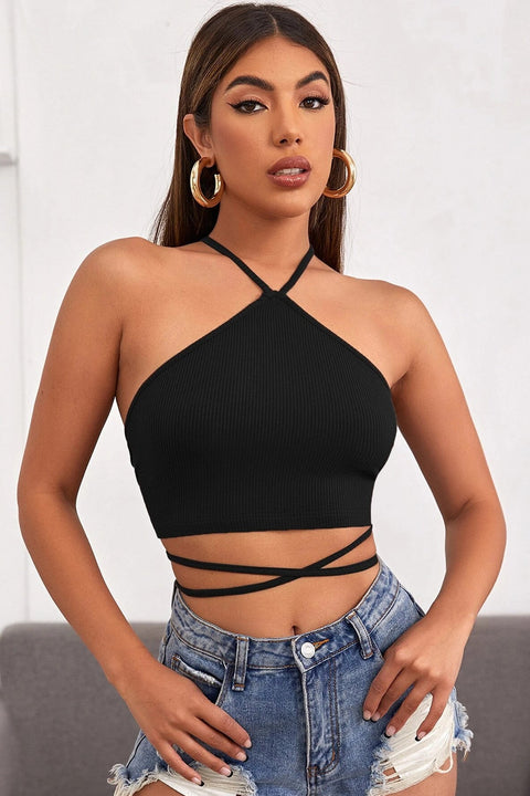 Kadın Siyah Sırtı Açık Boyundan Çapraz Bağlamalı Crop Top Bluz - görsel 4