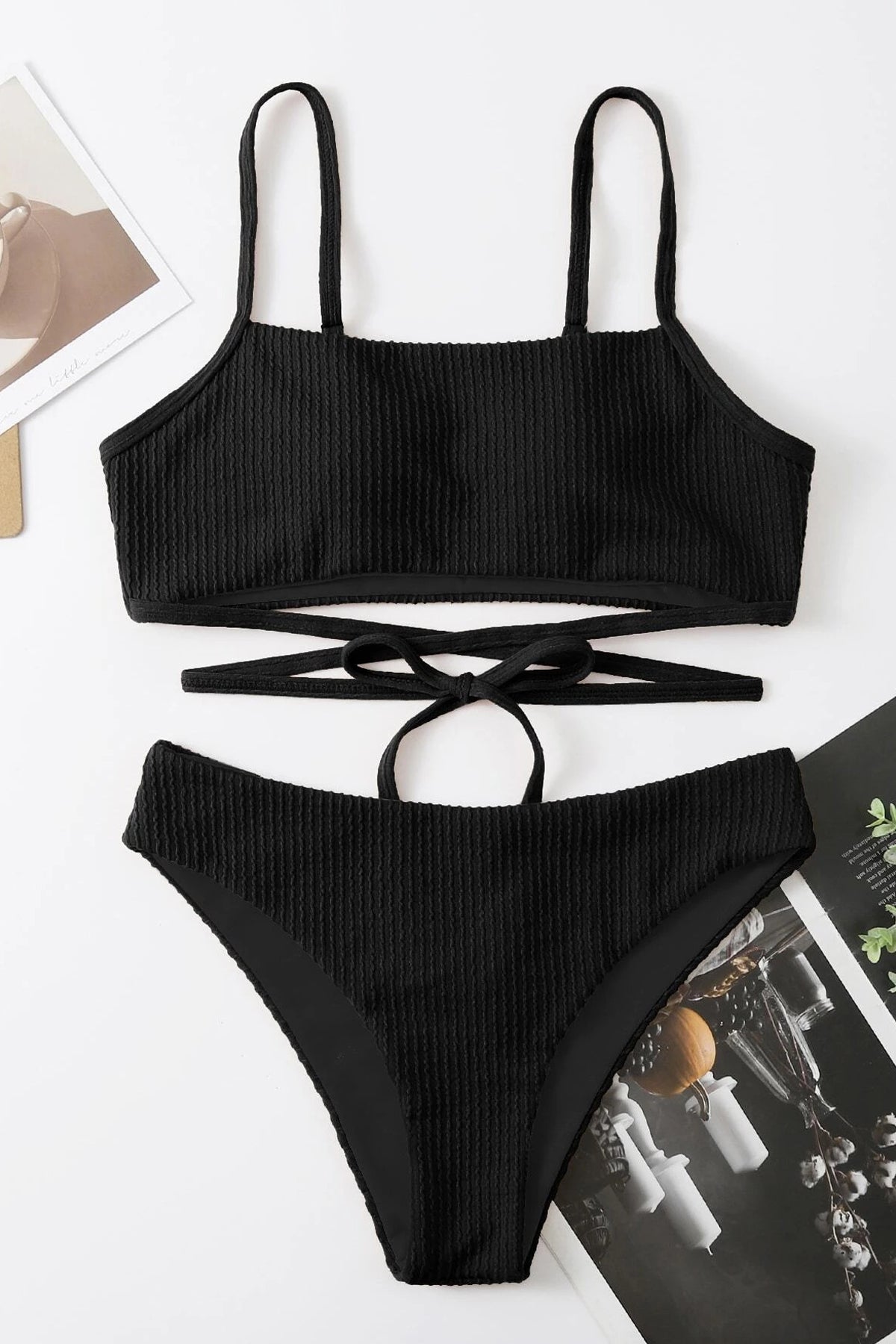 Kadın Siyah Çapraz Bağlama Detaylı Yüksek Bel Bikini Takımı - görsel 4
