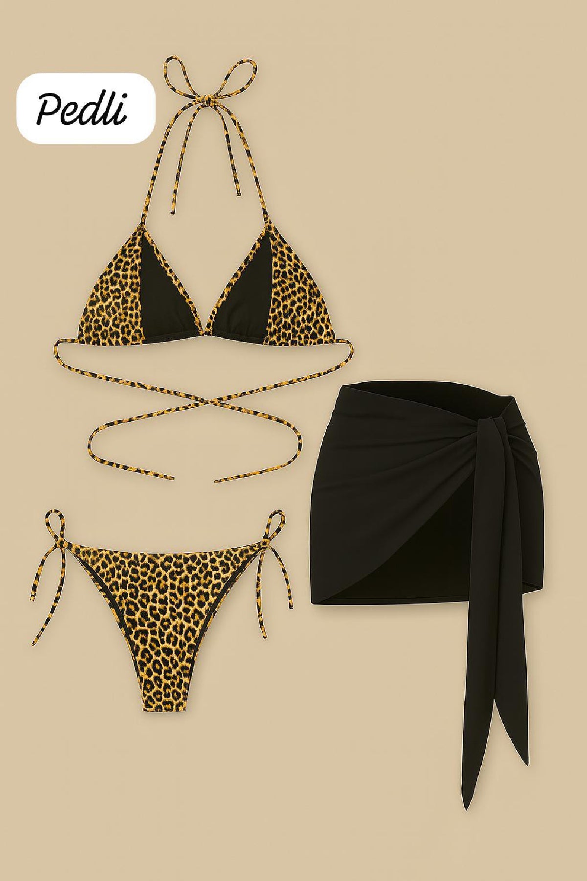 Kadın Siyah ve Leopar Desenli Pareolu 3'lü Bikini Takımı - görsel 4