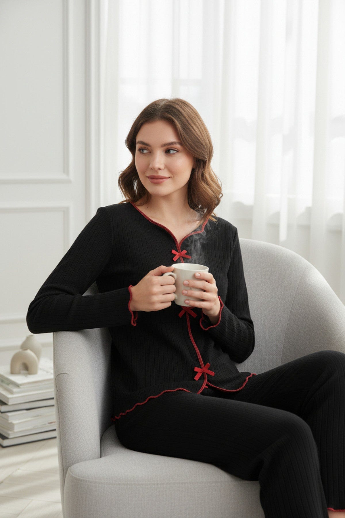 Premium Kadın 4’lü Fitilli Set – Siyah Kırmızı Biyeli (Pijama Üst, Pantolon, Bikini Takımı) - görsel 8