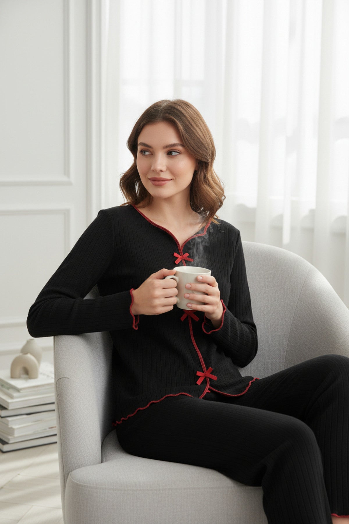 Premium Kadın 4’lü Fitilli Set – Siyah Kırmızı Biyeli (Pijama Üst, Pantolon, Bikini Takımı) - görsel 8