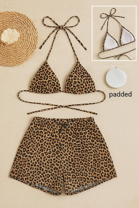 Kadın Leopar Desenli Şortlu Belden ve Boyundan Bağlamalı Bikini Takımı - görsel 4