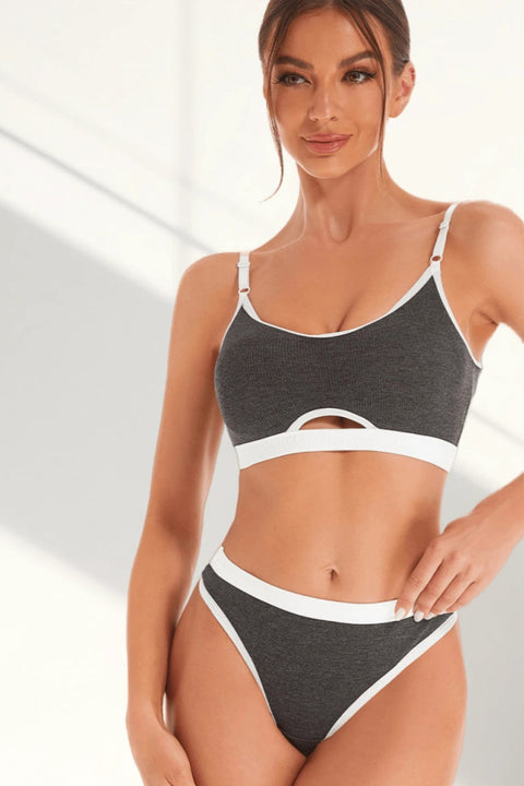 Kadın Gri Antrasit Kaşkorse ve Beyaz Lastikli Cut-Out Tanga Külotlu Takım - görsel 4
