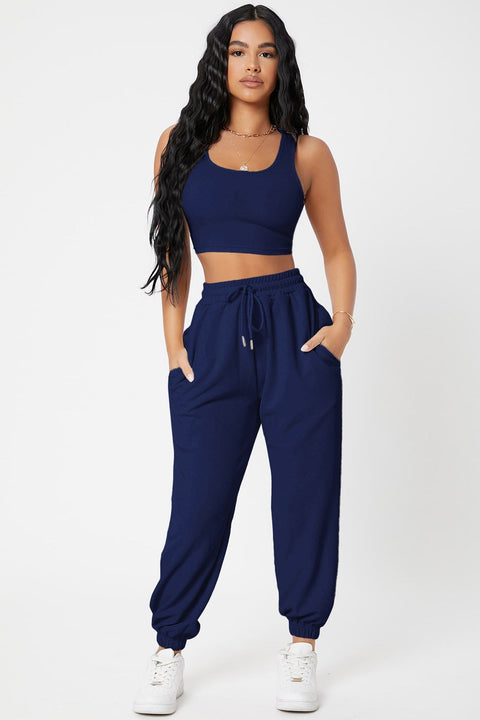 Kadın Lacivert Kaşkorse Cepli Jogger Eşofman Altı ve Crop Top Bluz - görsel 4
