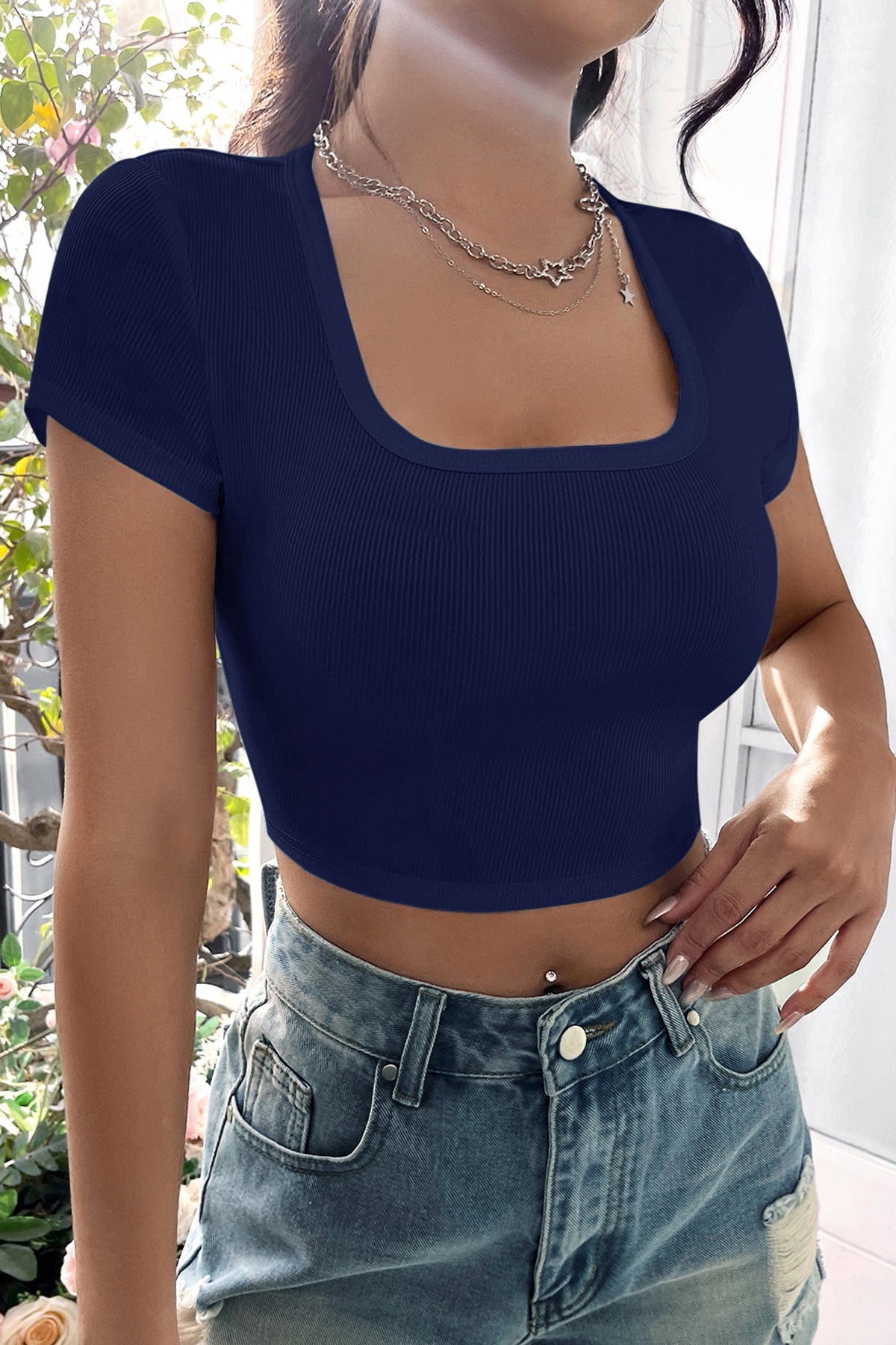 Kadın Lacivert Yarım Kol Düz Yaka Crop Top Bluz - görsel 4