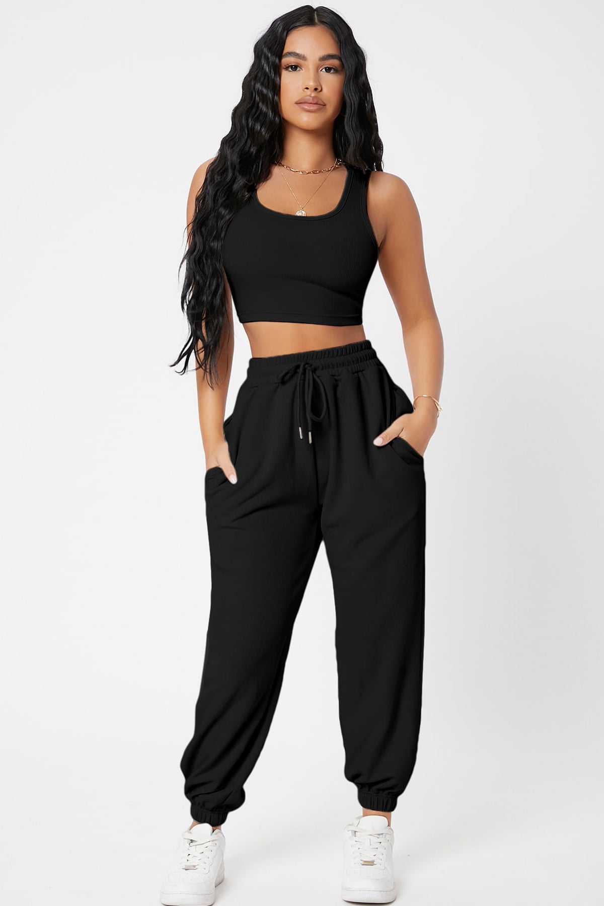 Kadın Siyah Kaşkorse Cepli Jogger Eşofman Altı ve Crop Top Bluz - görsel 4