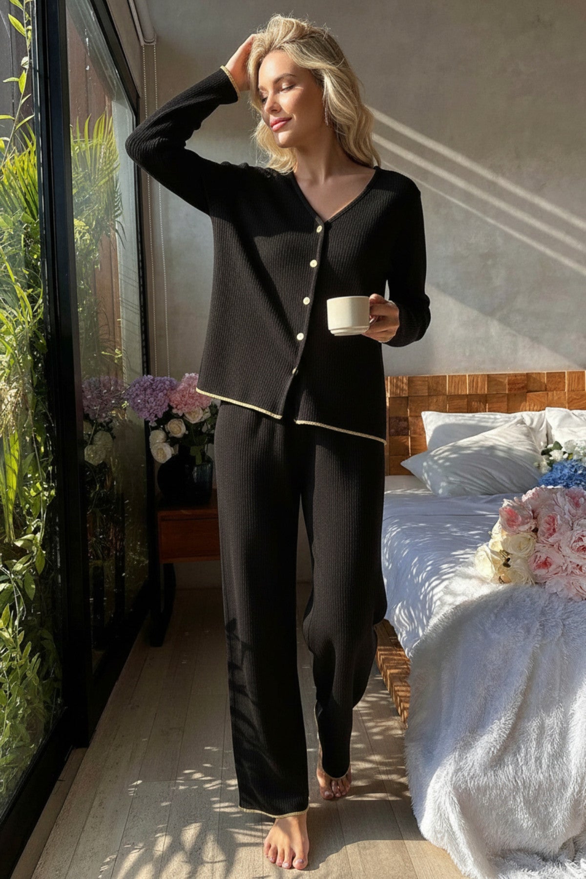 Premium Kadın Fitilli Pijama Takımı – Siyah Gold Biye Detaylı, Yumuşak Dokulu Ev Şıklığı - görsel 4