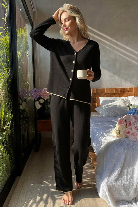 Premium Kadın Fitilli Pijama Takımı – Siyah Gold Biye Detaylı, Yumuşak Dokulu Ev Şıklığı - görsel 4
