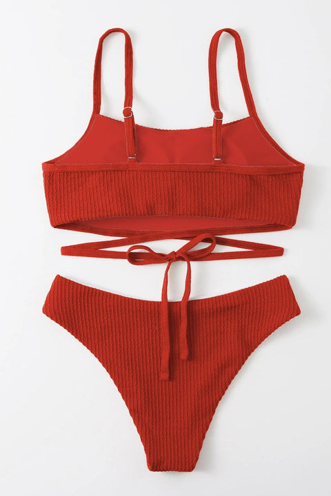 Kadın Kırmızı Çapraz Bağlama Detaylı Yüksek Bel Bikini Takımı - görsel 3