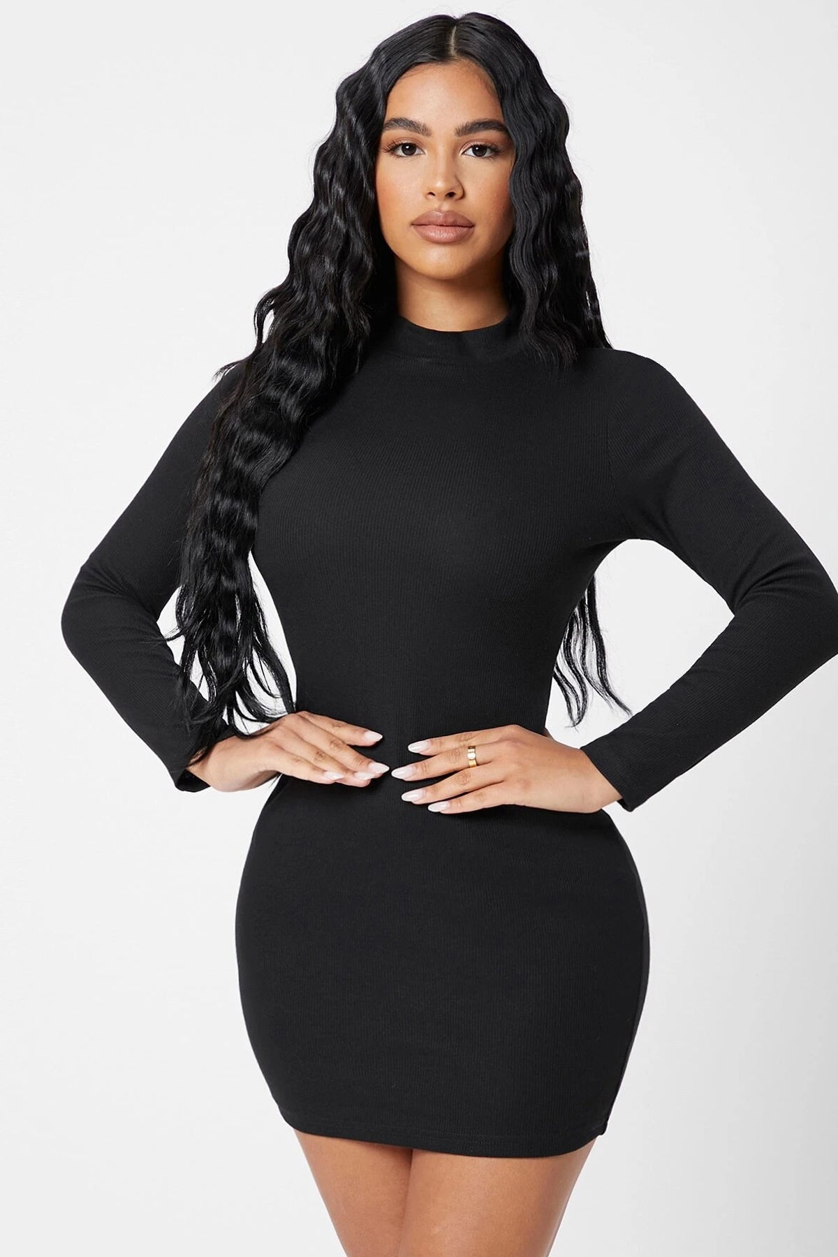 Kadın Siyah Kaşkorse Balıkçı Yaka Uzun Kollu Bodycon Mini Elbise - görsel 4