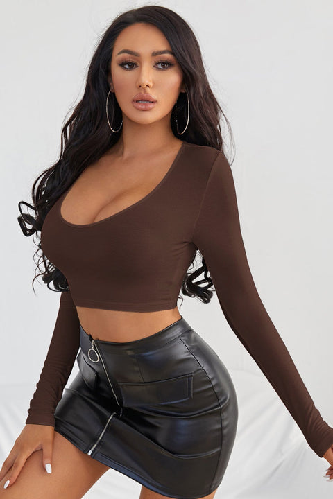 Kadın Kahverengi Uzun Kol Kare Yaka Crop Top Bluz - görsel 4