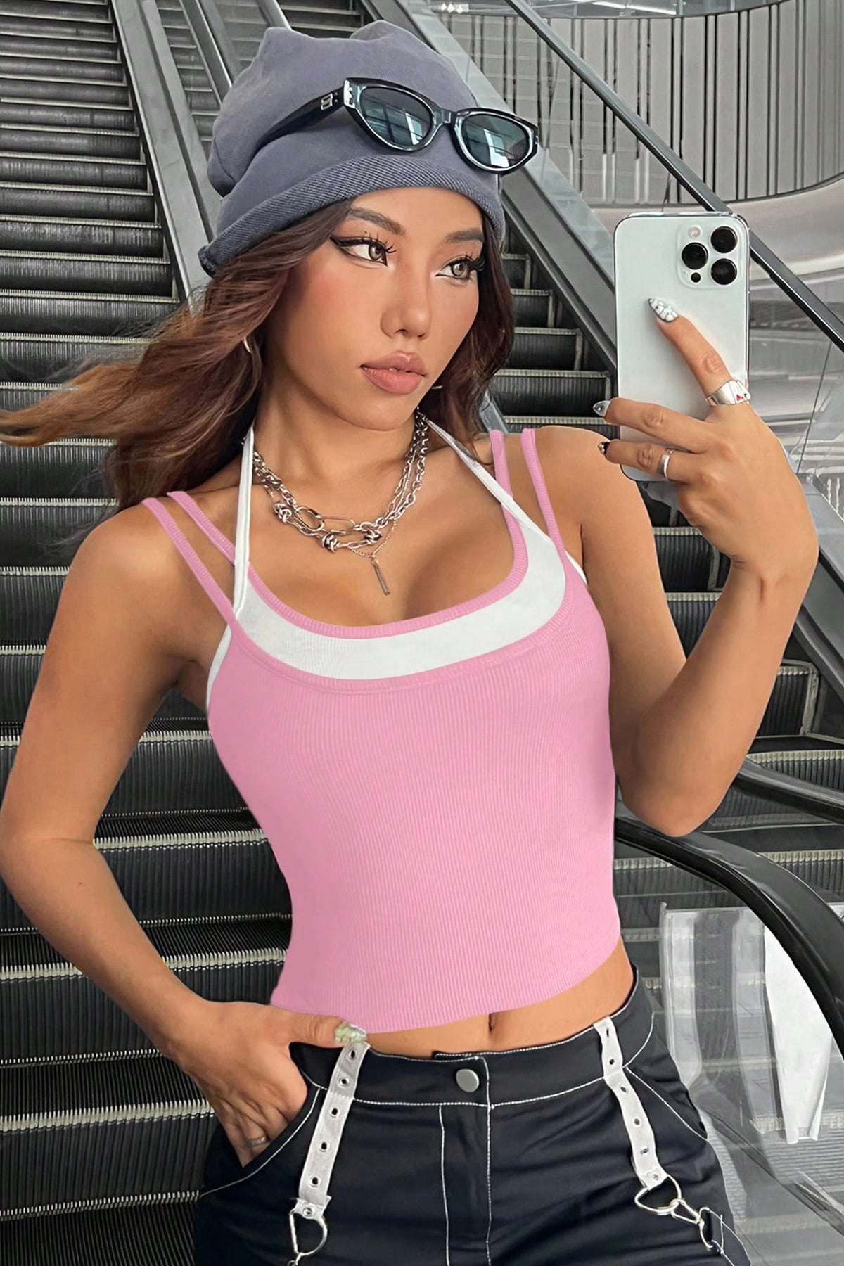 Kadın Pembe Beyaz Çift Renk Çapraz Askılı Crop Top Bluz - görsel 5