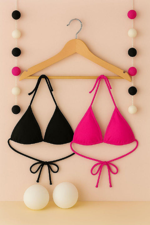 Kadın Siyah ve Fuşya Minimal Kesim Üçgen Bikini Üstü - görsel 4