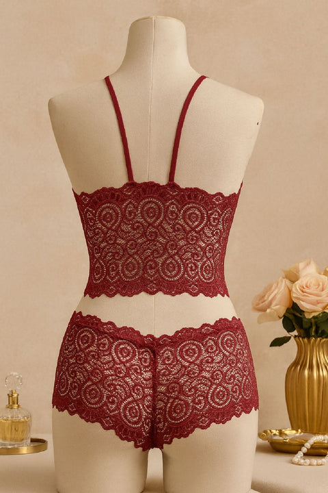 Kadın Bordo Dantel Bralet Şort Takımı – Asil ve Sofistike İç Giyim - görsel 4