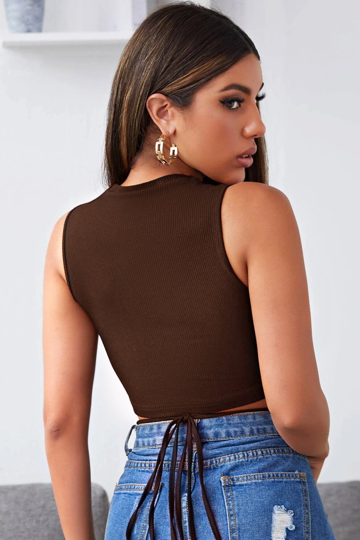 Kadın Kahverengi Çapraz Bağlamalı Crop Top Büstiyer - görsel 4