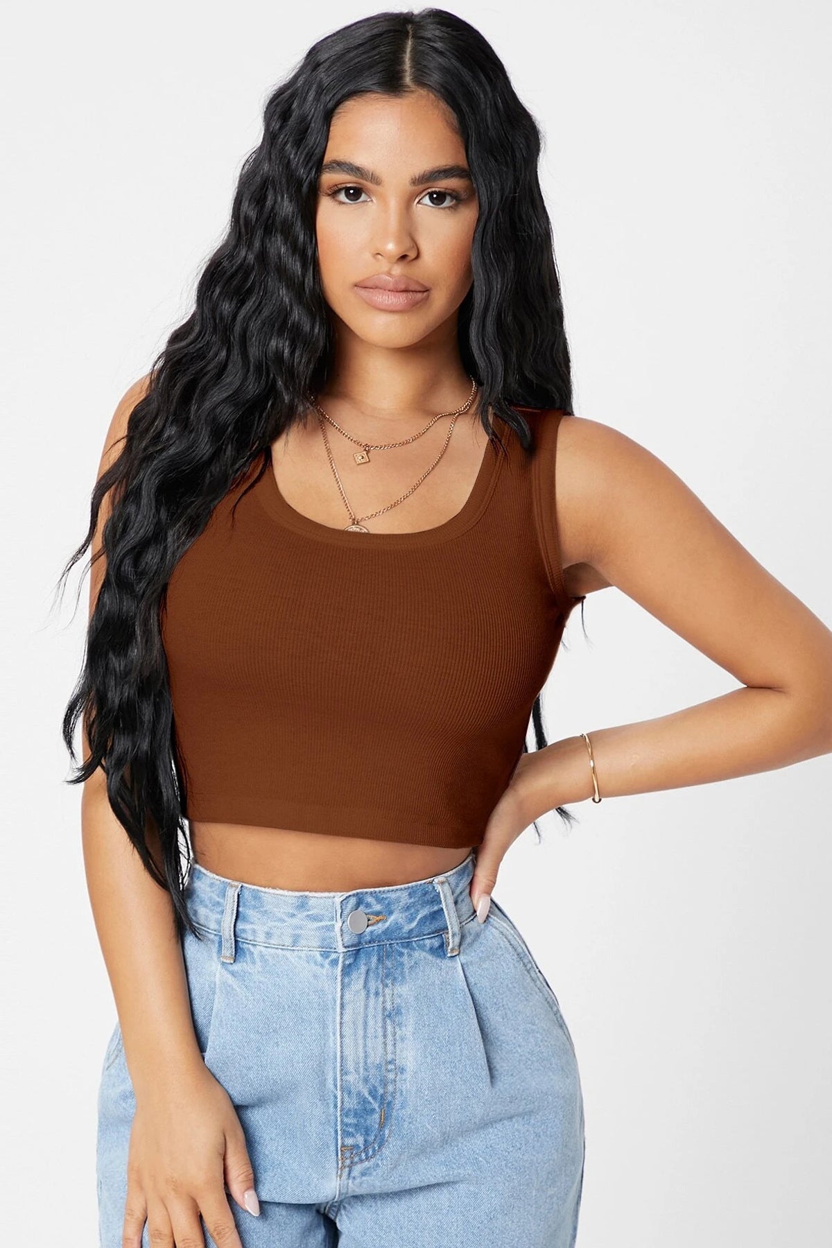 Kadın Kahverengi Kare Yaka Crop Top Bluz - görsel 4