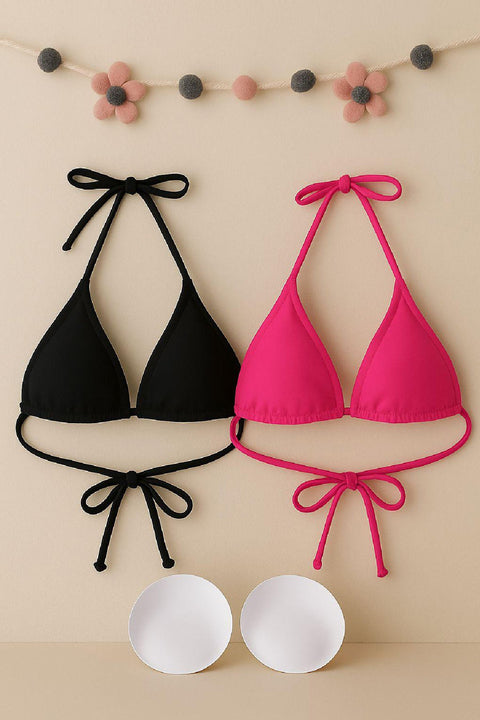 Kadın Siyah ve Fuşya Minimal Kesim Üçgen Bikini Üstü - görsel 5