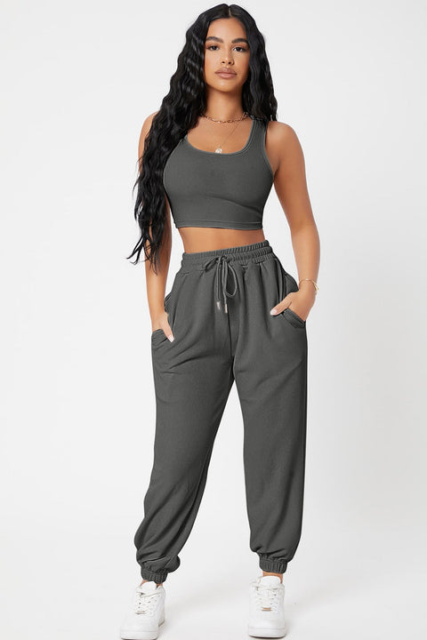Kadın Antrasit Gri Kaşkorse Cepli Jogger Eşofman Altı ve Crop Top Bluz - görsel 5