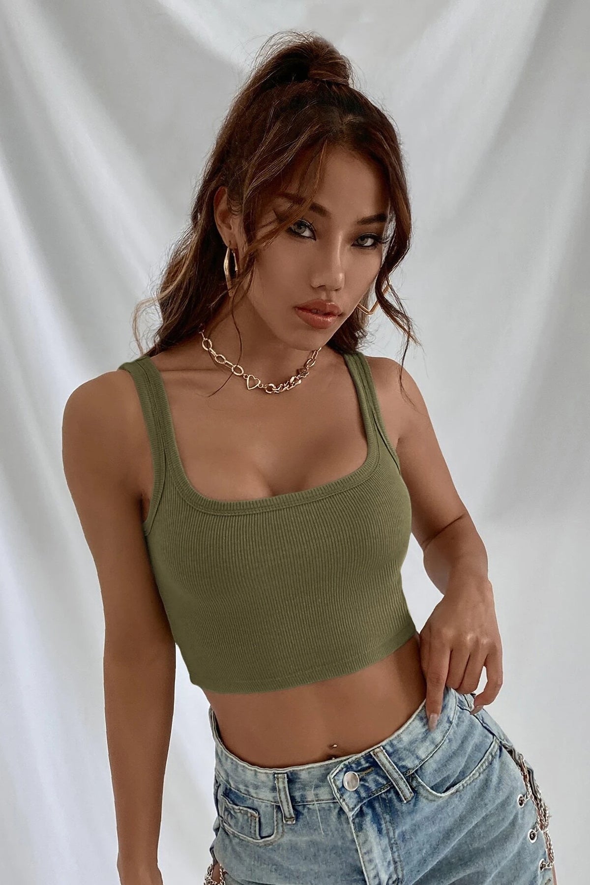 Kadın Haki Yeşili Kalın Askılı Crop Top Büstiyer - görsel 4
